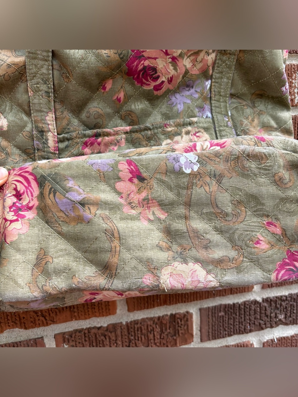 Quilted floral vintage style fabric bohemian shabby chic Green shoulder tote bag - Picture 4 of 8